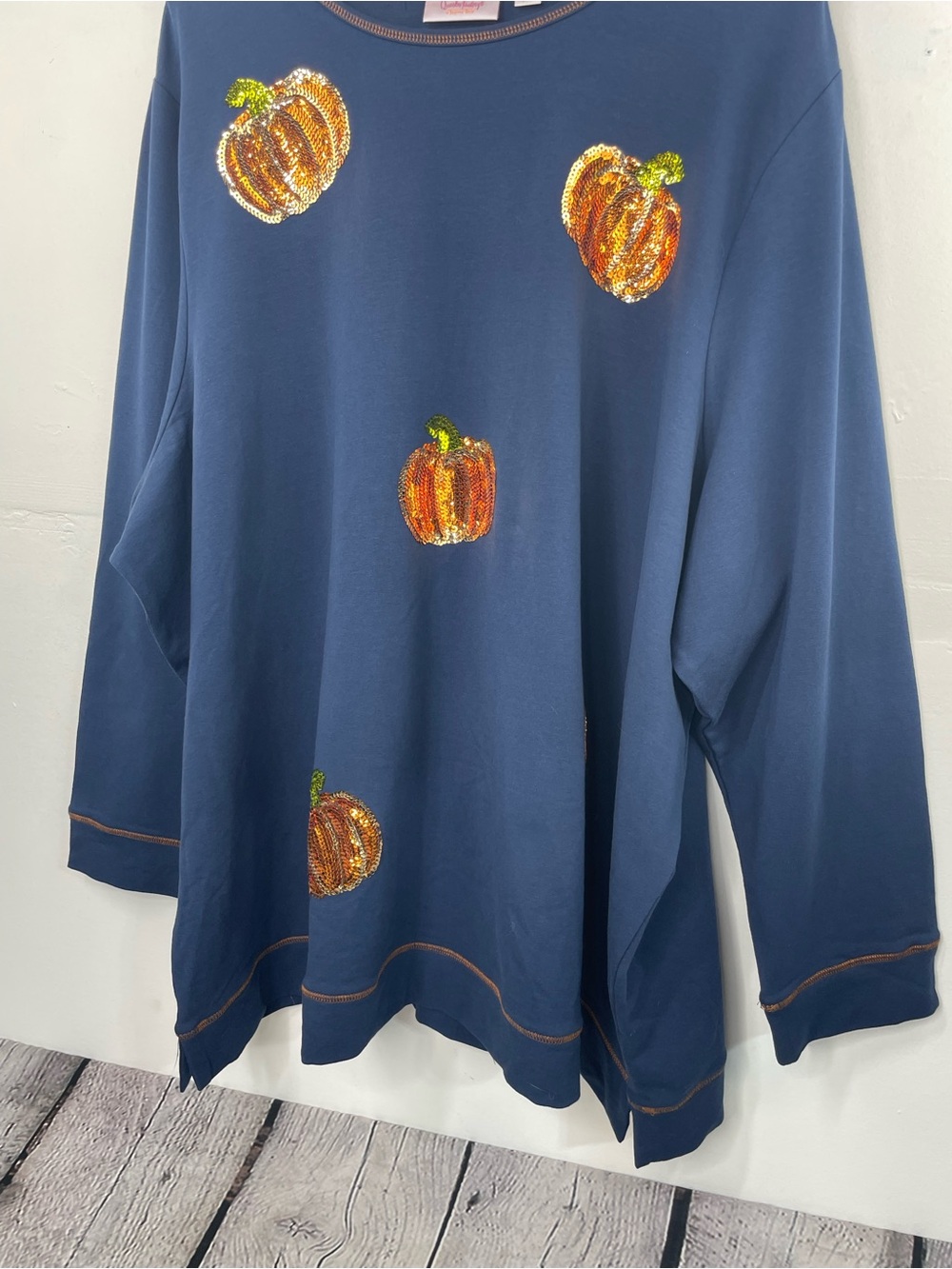 Quacker Factory Kisses of Autumn Sequin French Terry Top Pumpkins size 2X - Picture 3 of 16